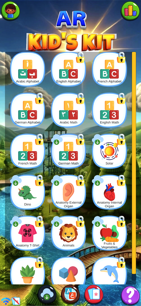 AR Kid's Kit 4D - Hauptmenü von AR Kids Kit 4D mit verschiedenen Bildungsmodulen für Alphabete, Mathematik, Wissenschaft und Anatomie in mehreren Sprachen.