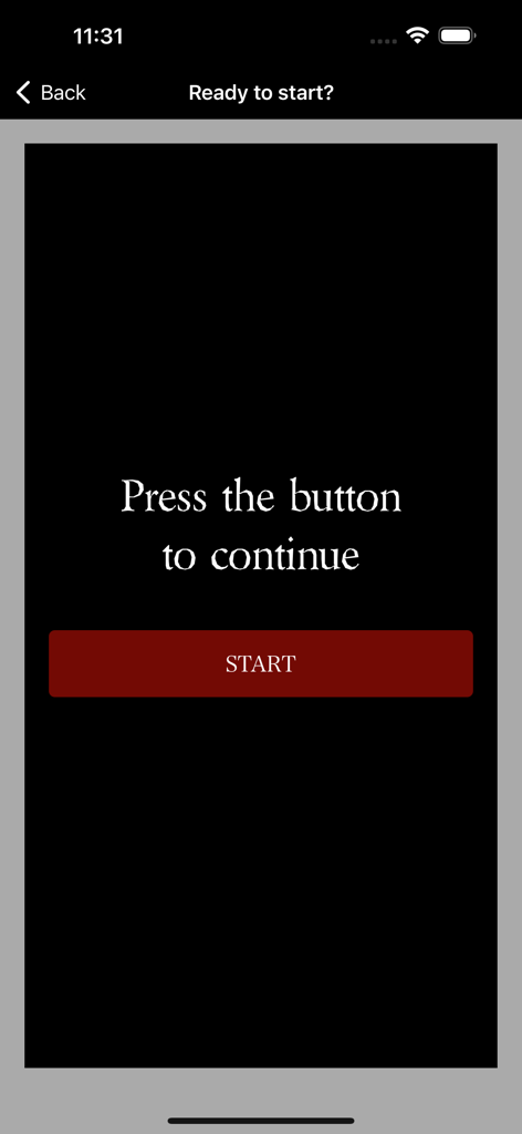 The Countdown - Your Fate - Start screen of the Countdown Your Fate app showing a red start button on a black background