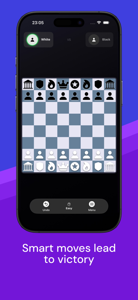 Chess & Checkers: Duo Games - Interfaz del juego de Ajedrez en un dispositivo móvil con piezas estilizadas y un diseño moderno de tema oscuro