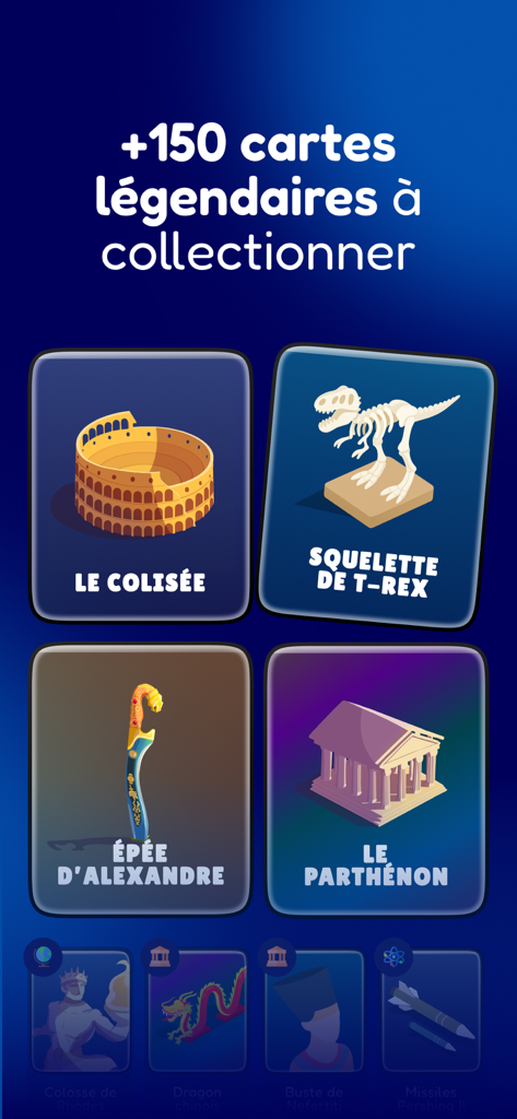 Sapio app interface showing a collection of legendary cards including the Colosseum and a T-Rex skeleton