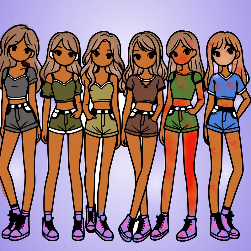 a group of girls wearing crop tops and shorts