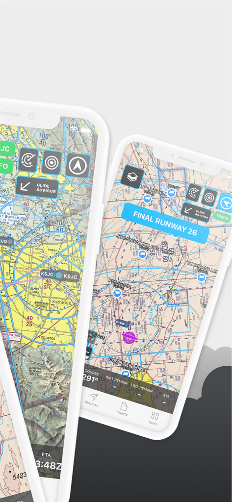 Noisy Goose - Noisy Goose aviation app showing flight navigation and sectional charts on two smartphones.