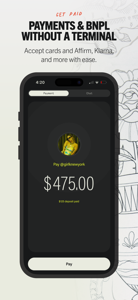 Venue Ink app screen for tattoo artist payments featuring Buy Now Pay Later options and a 475 dollar transaction.