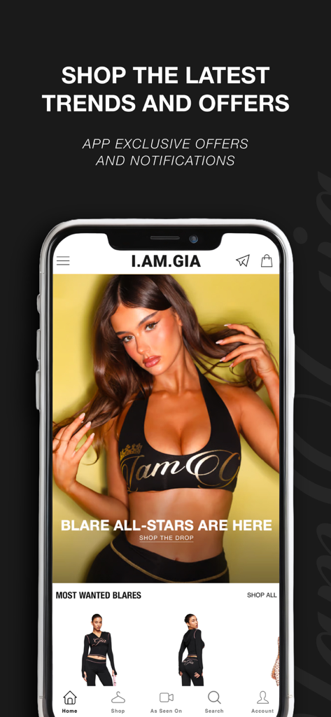 I.AM.GIA US & Canada - I.AM.GIA mobile app home screen showing latest clothing trends and exclusive offers