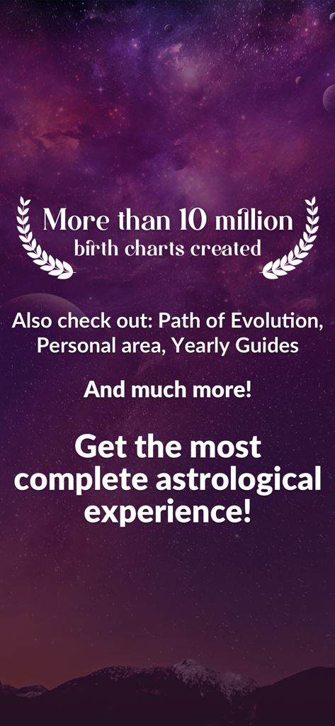 Astrolink: Do your Birth Chart - Astrolink promotional screen showcasing over 10 million birth charts created and mentioning features like yearly guides