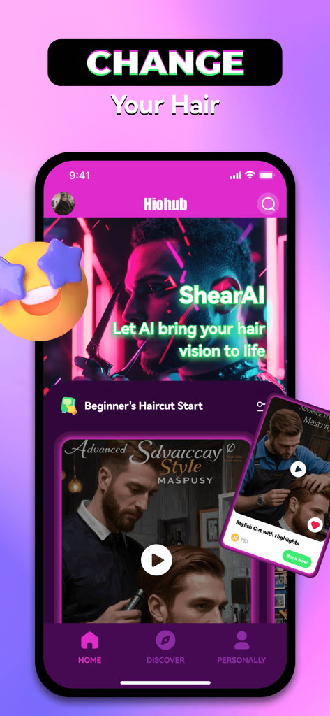 Hiohub - Meet，Video Calls - Hiohubアプリのインターフェース。仮想的なヘアスタイル変換とヘアカットチュートリアルのためのShearAIを紹介しています。