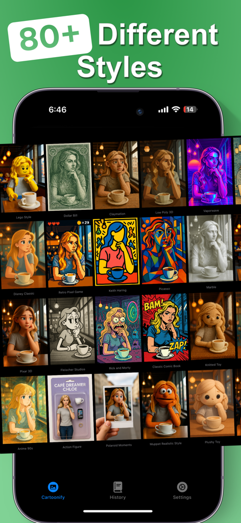 A display of various AI cartoon styles including anime comic book and 3D action figure filters