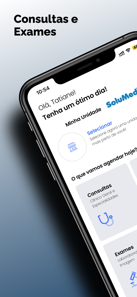 Solumedi App - Mobile interface of the Solumedi app displaying options to schedule medical consultations and laboratory exams