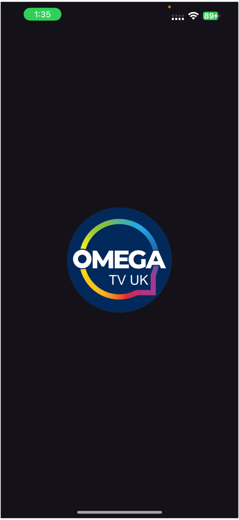 OMEGA TV UK - Splash screen of the OMEGA TV UK app featuring its circular logo with a colorful ring on a dark background.