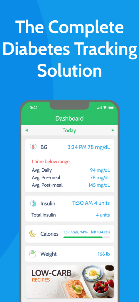 Diabetes Tracker by MyNetDiary - Panel de la aplicación Diabetes Tracker que muestra el seguimiento de la glucosa en sangre y la nutrición