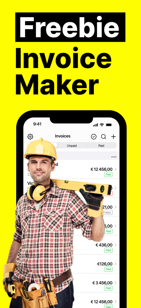 Freebie Invoice Maker - A construction worker in front of a smartphone displaying the Freebie Invoice Maker app interface