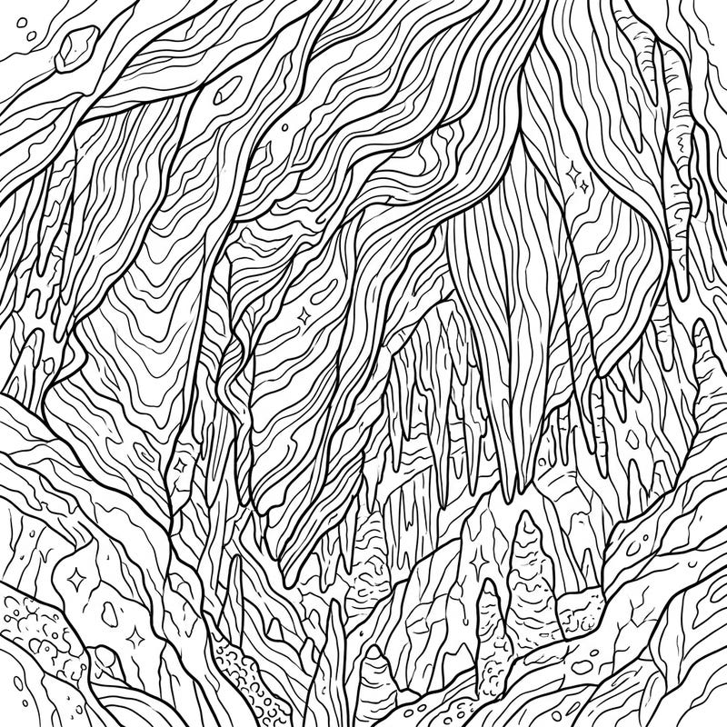 Dive into the mesmerizing depths of a hidden cave with this stunning coloring template. Featuring delicate cave draperies and speleothems, this full-scene design offers an engaging artistic adventure for all ages.