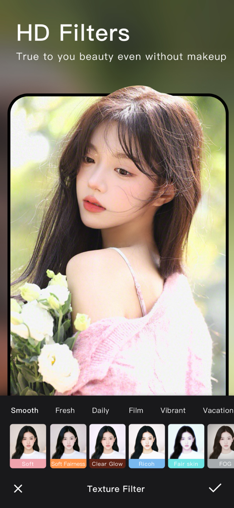 Interface de l'application Wuta Camera montrant des filtres de texture HD de beauté naturelle sur une photo de portrait