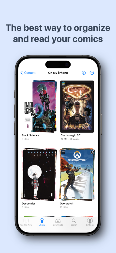 Interface de la bibliothèque de l'application Panels sur iPhone montrant des collections de bandes dessinées organisées