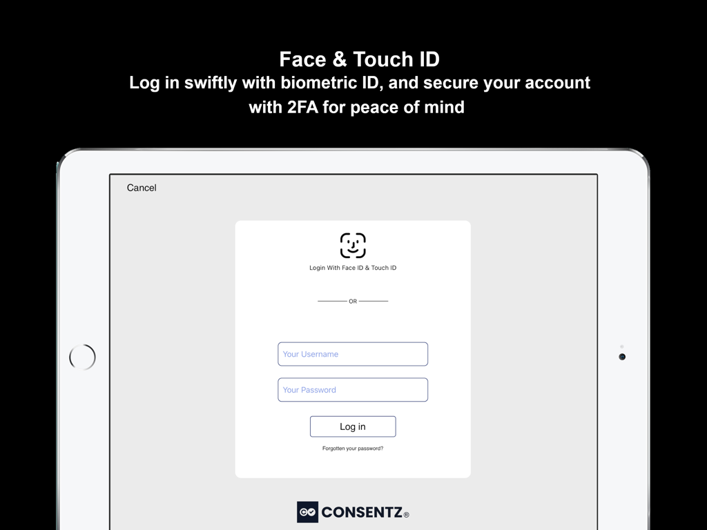 Consentz - Secure biometric login screen for the Consentz medical practice management app on an iPad showing Face ID and Touch ID options