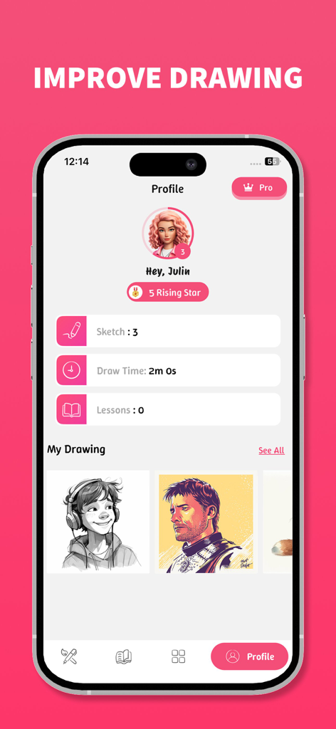 Drawing Sketch & Paint - User profile screen in the Drawing Sketch and Paint app displaying drawing stats and a personal gallery.