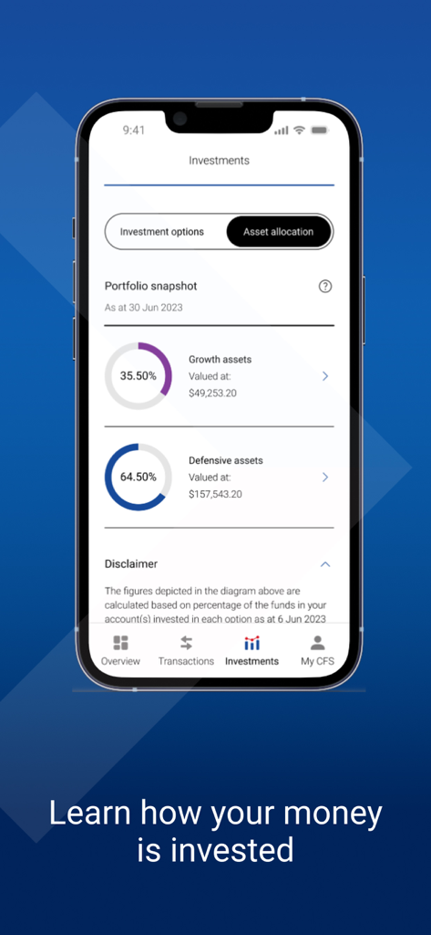 Colonial First State app investment screen displaying a portfolio snapshot with growth and defensive asset allocation percentages