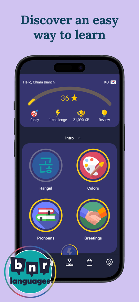 Learn Korean (Beginners) - Mobile dashboard of a Korean language learning app showing progress stars and introductory lesson categories like Hangul and Greetings