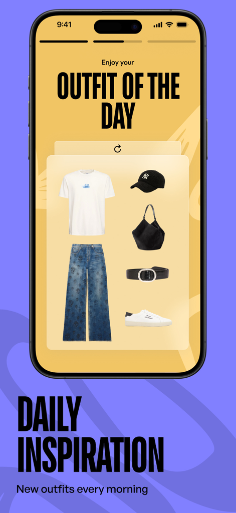 Interface de l'application Estyl montrant une recommandation de tenue du jour personnalisée avec des vêtements et des accessoires sélectionnés.