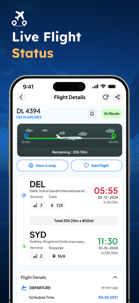 Flight Radar - Live Tracker - Real-time flight status screen showing Delta Airlines details from Delhi to Sydney including gate and terminal information.