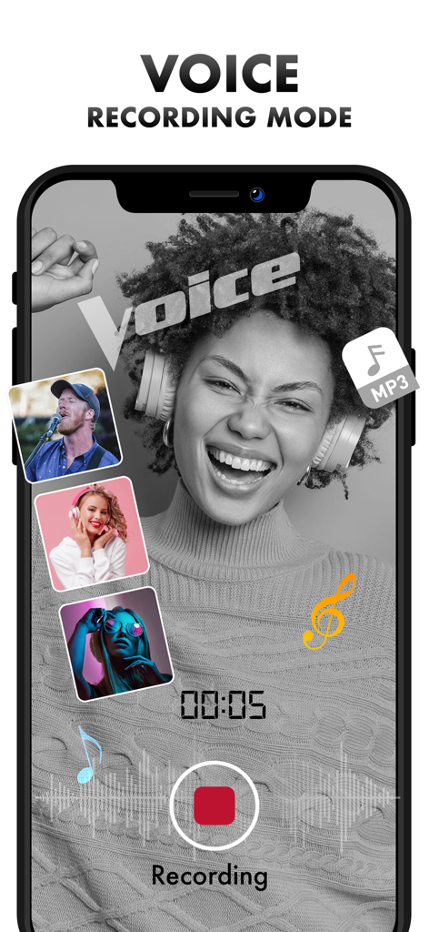 Voice Changer Women - A mobile screenshot showing the voice recording mode of the Voice Changer Women app with a timer and recording button.
