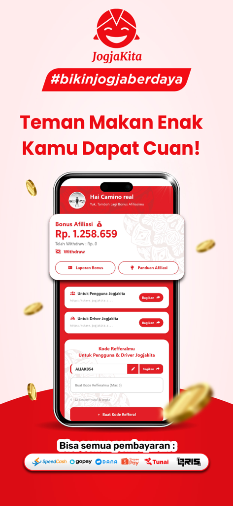JogjaKita - Ojolnya Jogja - JogjaKita app screen showing the affiliate bonus dashboard referral code section and supported payment methods like QRIS and GoPay