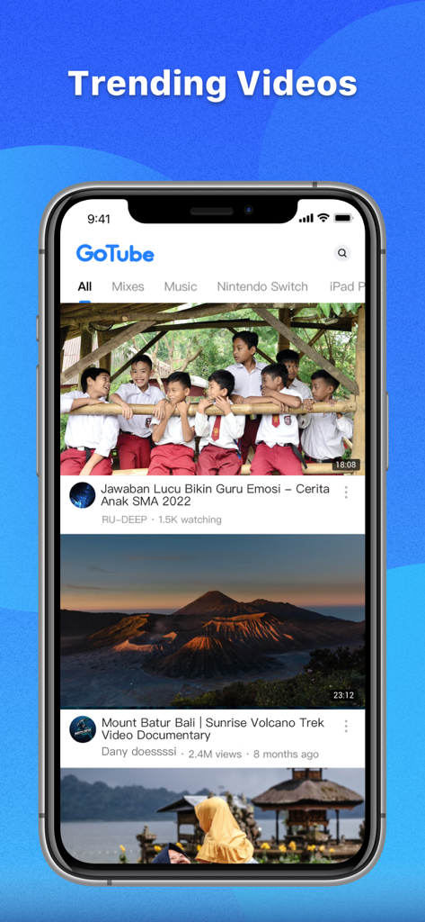 Interface of the Gotube app showing a trending video feed on a mobile device.