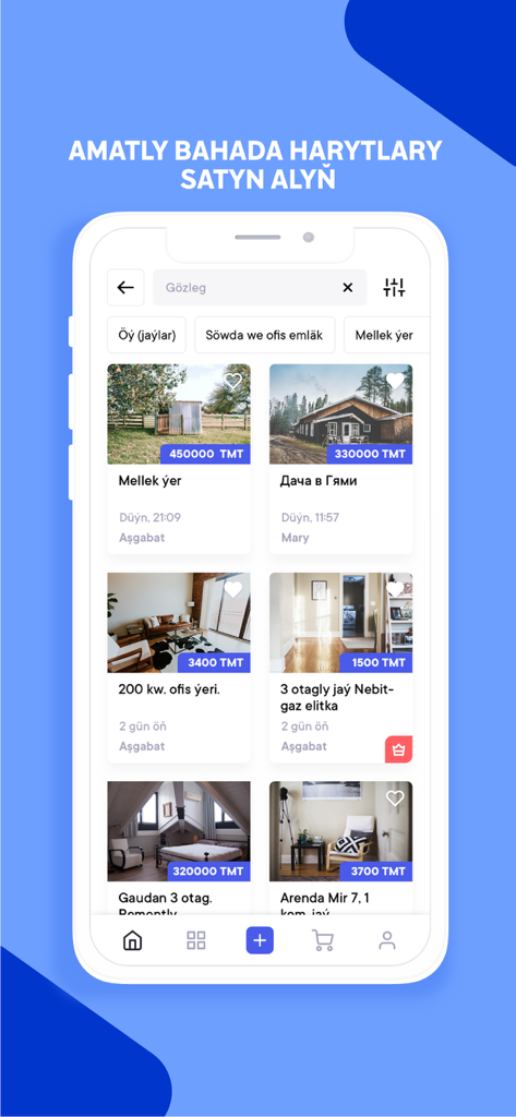 Mobile phone screen of the Saray app displaying real estate listings in Turkmenistan