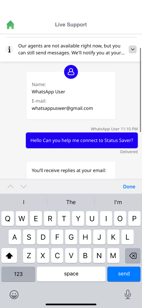 Status Saver Video Photo Save - Status Saver app live support chat interface showing a user message and a virtual keyboard on an iPhone