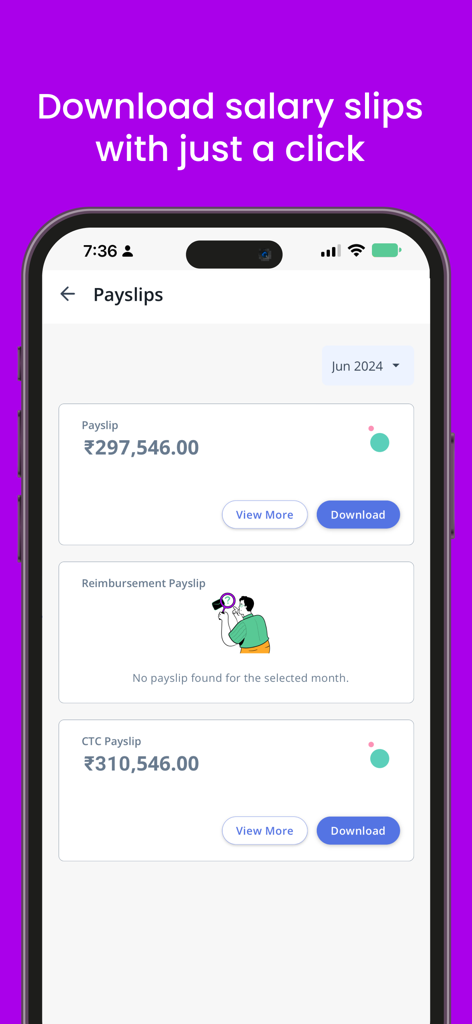 greytHR - the one-stop HR App - Schermata dell'app mobile che mostra le opzioni per scaricare le buste paga relative allo stipendio e al CTC