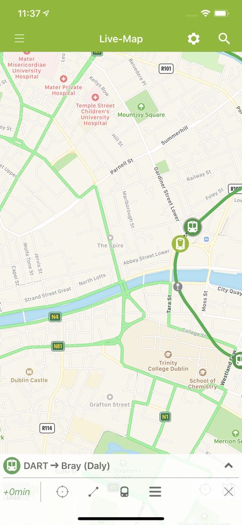 Une carte des trains en direct du centre-ville de Dublin dans l'application Iarnród Éireann montrant un itinéraire DART vers Bray