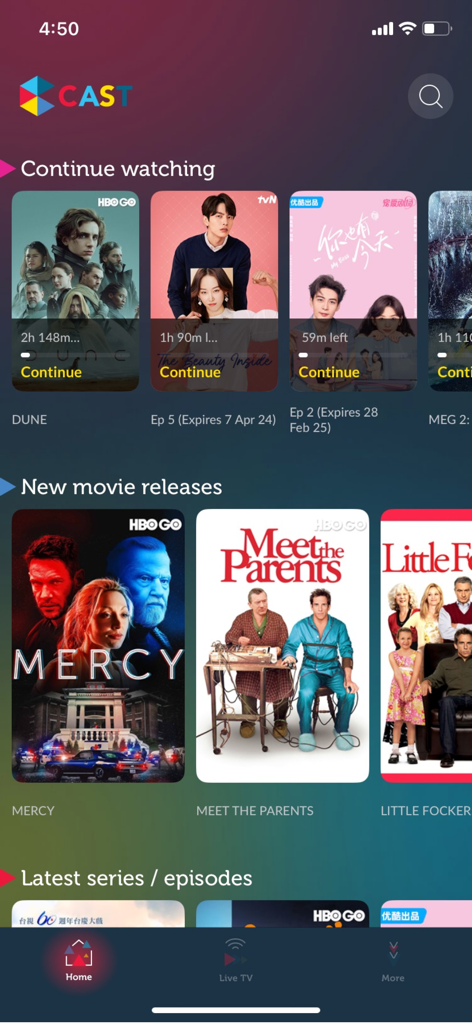 Singtel Cast mobile app home screen featuring movie and series categories