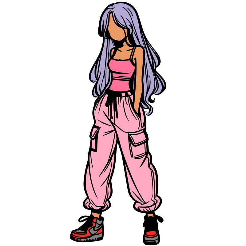 girl in baggy pants crop top and long hair