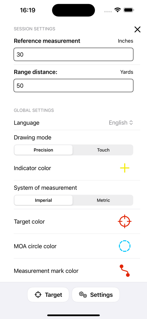 Interfaz de configuración de la aplicación MOA RangeR para configurar mediciones balísticas y parámetros de la sesión de tiro.