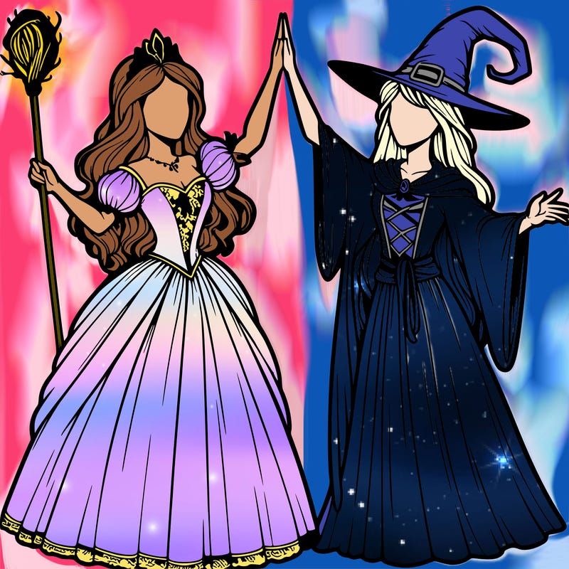 detailed realistic split of a princess and a witch