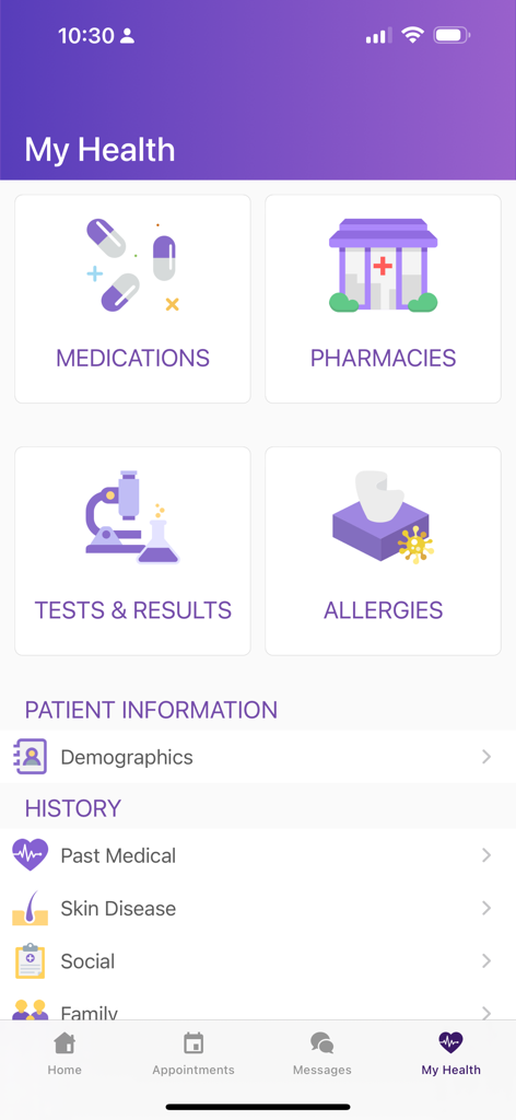 Interfaccia dell'app mobile APPatient che mostra la sezione La mia salute con pulsanti per farmaci, farmacie, test e cronologia medica