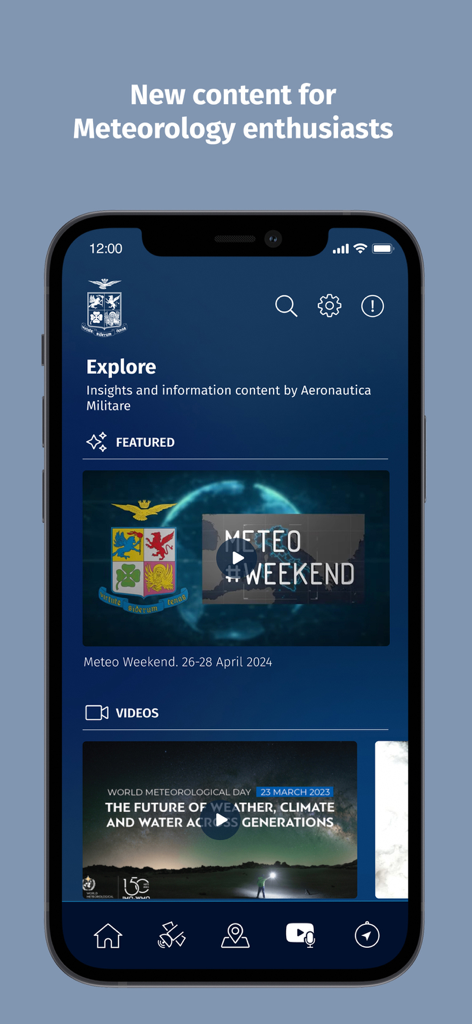 Explore section of the Meteo Aeronautica app showing meteorological videos and news for enthusiasts