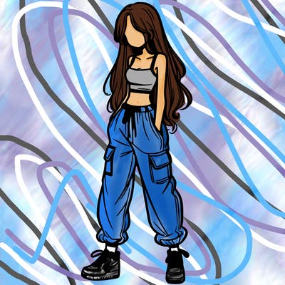 girl in baggy pants crop top and long hair