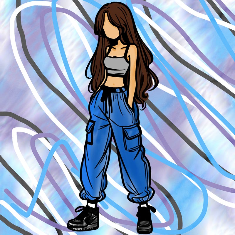 girl in baggy pants crop top and long hair