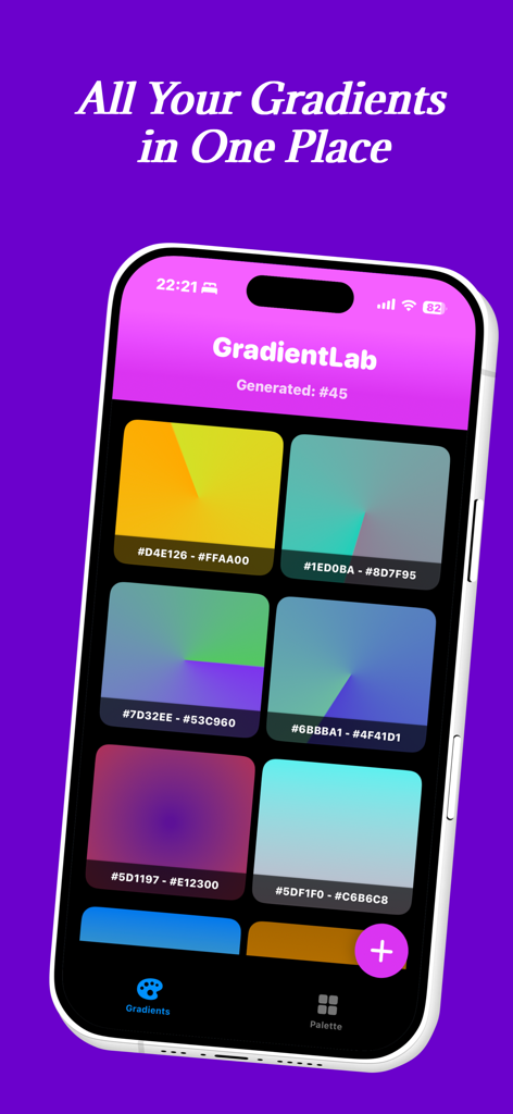 Eine Sammlung farbenfroher benutzerdefinierter Farbverläufe mit angezeigten Hex-Codes in der Gradient Lab App.