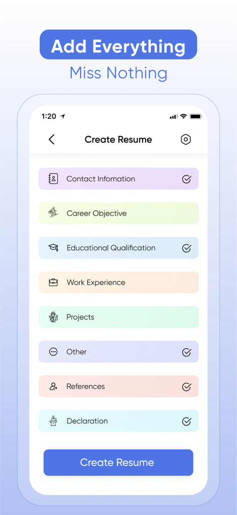 Resume Maker - CV Builder ۬ - Una interfaz de aplicación móvil que muestra varias secciones del currículum como información de contacto, experiencia laboral y educación para facilitar la creación del CV