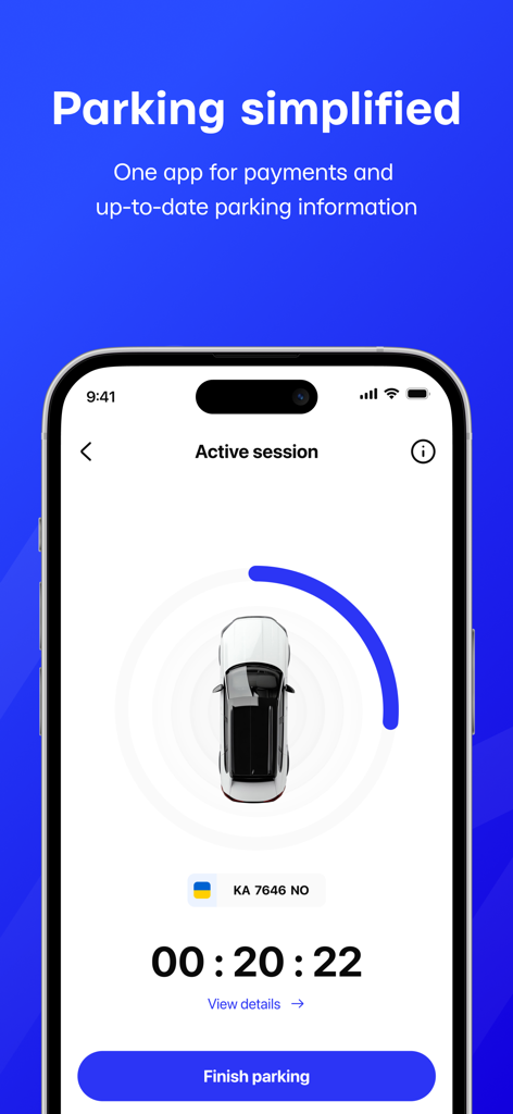 MISTO - MISTO app screen showing an active parking session with a car icon and a countdown timer.