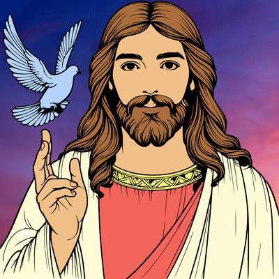 realistic jesus with a beautiful dove flying above him