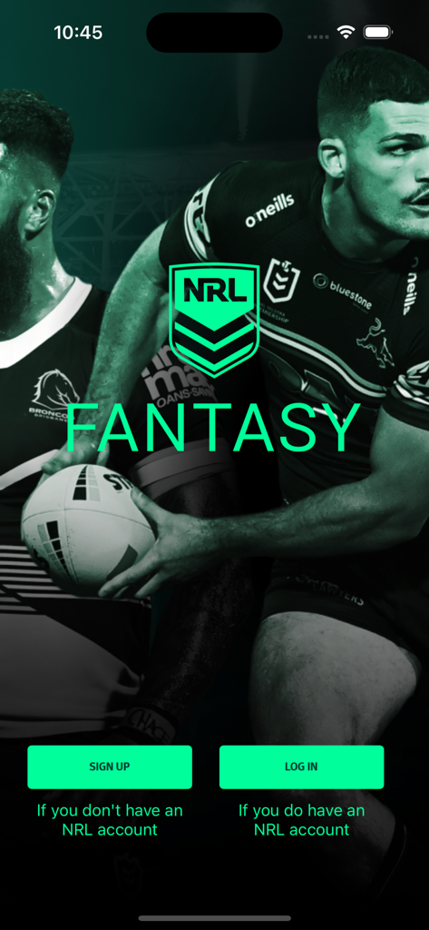 NRL Fantasy app login and sign up screen featuring rugby players in the background