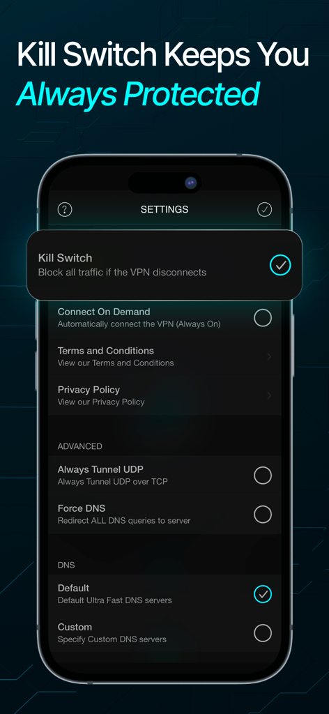 Pantalla de configuración de Larva VPN destacando la función de kill switch para protección continua de la conexión.