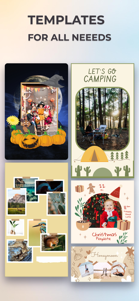 Grid Photo Maker - Pic Collage - La aplicación Creador de Fotos en Cuadrícula muestra varias plantillas de collage temáticas para vacaciones, viajes y recuerdos