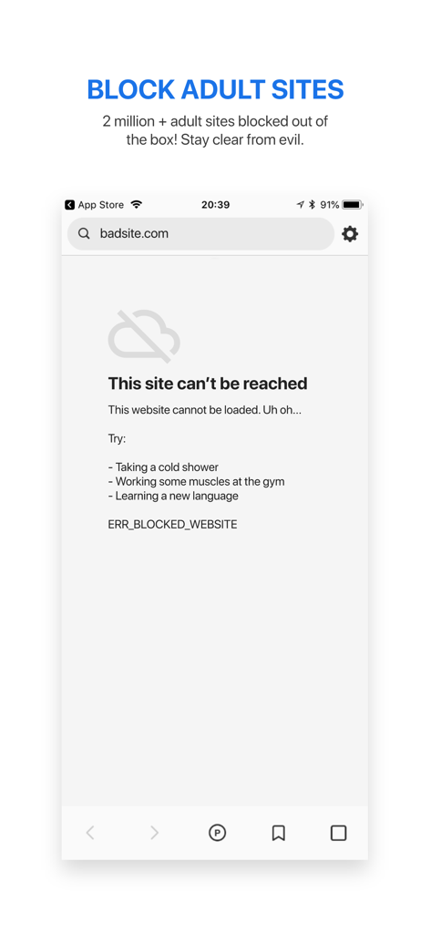 Purity 앱 인터페이스에서 차단된 웹사이트 오류와 건강한 대체 활동에 대한 제안을 보여주는 스크린샷.