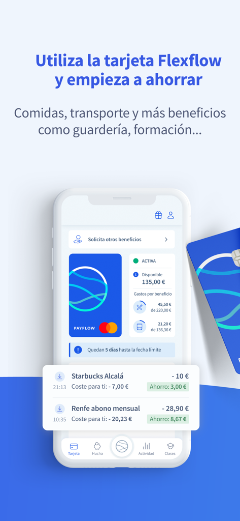 Mobile app interface displaying the Flexflow card and transaction history with cost savings for daily expenses.