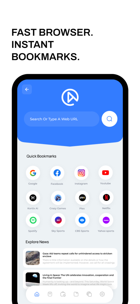 UniTV Player: Browse Movies - Interface do navegador móvel UniTV Player com uma barra de pesquisa e favoritos rápidos para sites populares de entretenimento e notícias