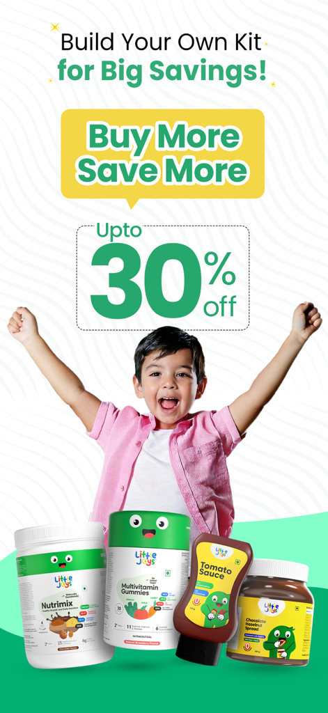 Little Joys: Kids Health App - Little Joys promotional screen offering up to 30 percent discount on custom kids health kits including vitamins and nutrition products
